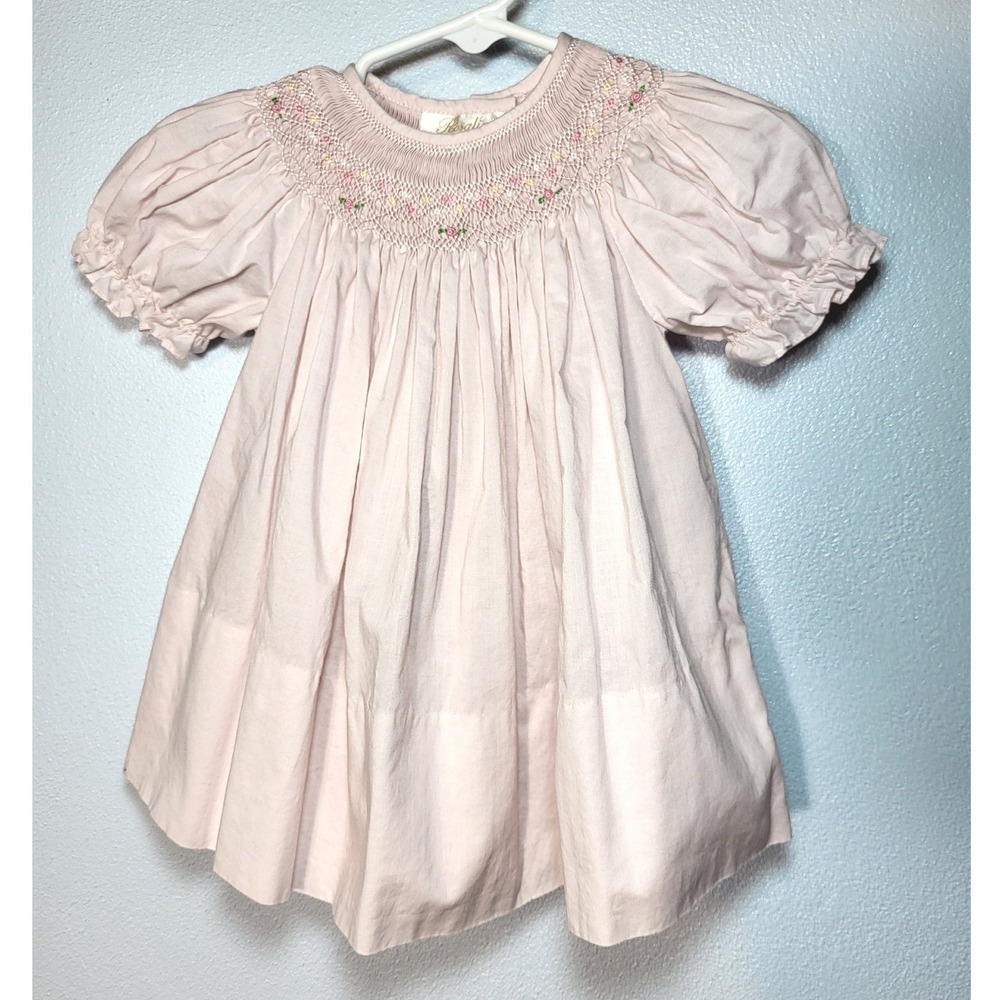 Rosalina Girls Pink Smocked Bishop Neck Floral Cotton Puff Sleeve Dress size 9M